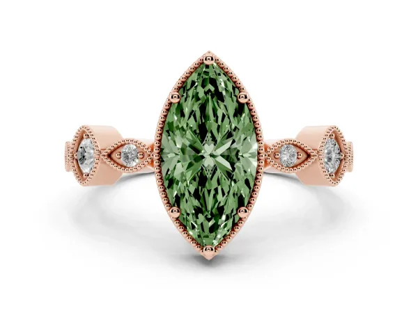 Fancy Green Marquise Cut Diamond Vintage Milgrain Ring with Round Stations Rose gold