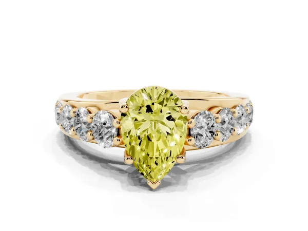 Fancy Yellow Pear Cut Diamond Engagement Ring with Pavé Band and Four-Prong Setting Yellow gold
