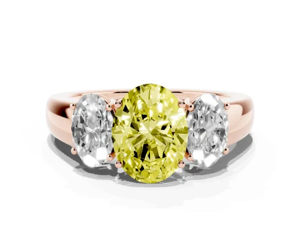 Fancy Yellow Three-Stone Oval Cut Cut Diamond Ring with Prong Setting and Classic Band Rose gold