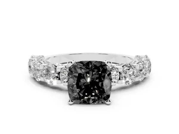 Fancy Black Cushion Cut Diamond Side Stone Engagement Ring with Four-Prong Setting Platinum