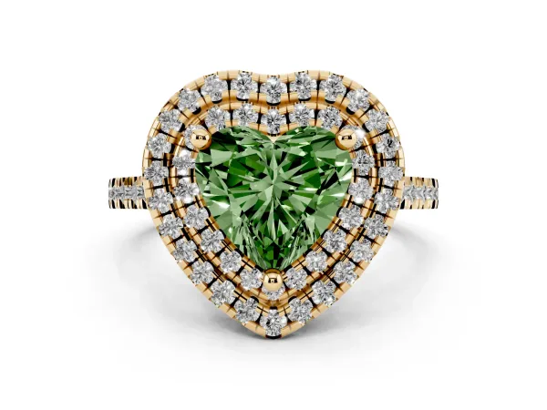 Fancy Green Double Halo Heart Cut Diamond Pavé Band with Four-Prong Setting Yellow gold