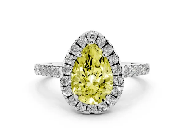 Fancy Yellow Pear Cut Halo Pavé Diamond Engagement Ring with Four-Prong Setting White gold
