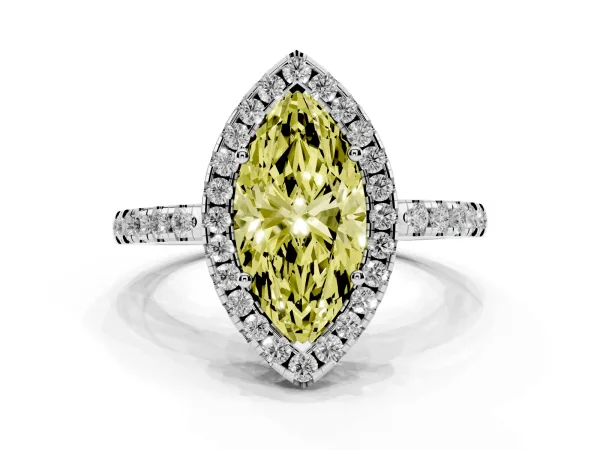 Fancy Yellow Marquise Cut Halo Diamond Engagement Ring with Pavé Band and Four-Prong Setting Platinum