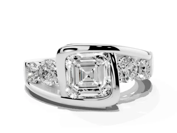 Bezel Set Asscher Cut Diamond Bypass Ring with Round Accents Platinum