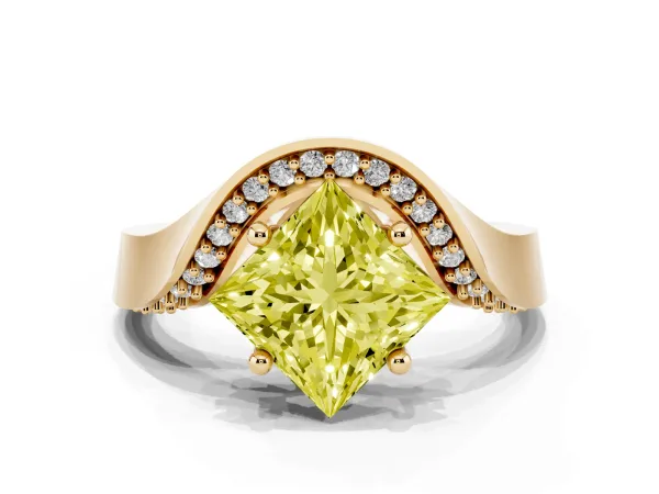 Fancy Yellow Princess Cut Solitaire Diamond Engagement Ring with Pave Band and Four-Prong Setting Yellow gold