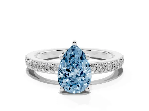 Fancy Blue Pear Cut Cut Diamond Solitaire with Pave Band and Four-Prong Setting White gold