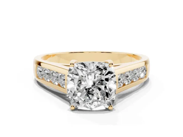 Cushion Cut Brilliant Channel-Set Solitaire Ring with Four-Prong Setting Yellow gold