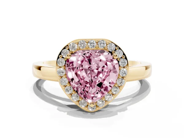 Fancy Pink Heart Cut Halo Diamond Ring with Solitaire Band and Prong Setting Yellow gold