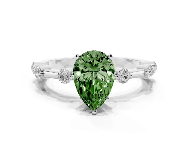 Fancy Green Pear Cut Solitaire Diamond Ring with Bezel Set Side Stones and Prong Setting White gold