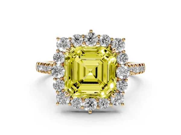 Fancy Yellow Asscher Cut Halo Diamond Ring with Pavé Band and Prong Setting Yellow gold
