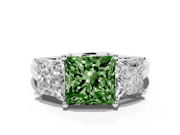 Fancy Green Three-Stone Princess Cut Diamond Engagement Ring with Prong Setting White gold