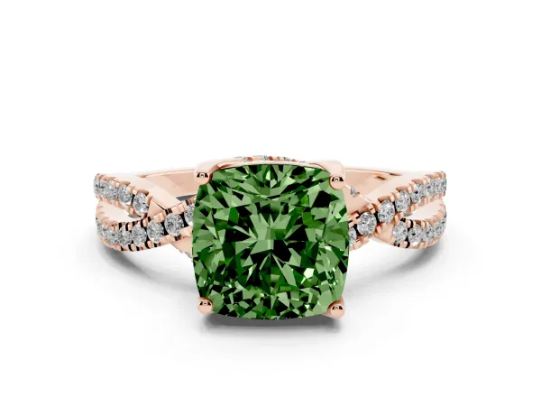 Fancy Green Cushion Cut Solitaire Twist Pave Diamond Engagement Ring with Prong Setting Rose gold