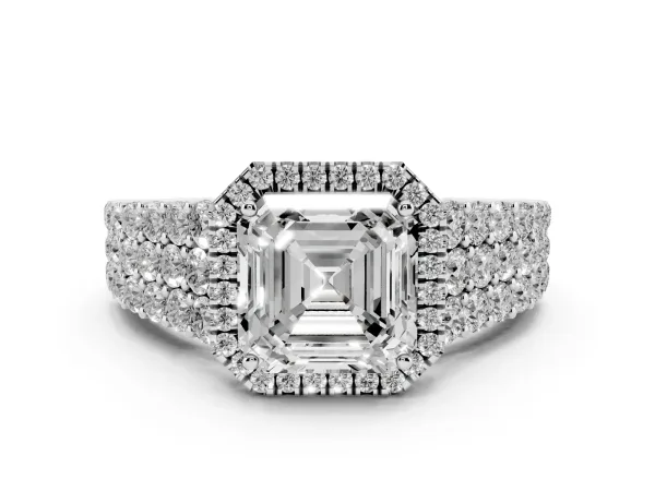 Asscher Cut Diamond Halo Engagement Ring with Triple Row Round Pavé Band and Prong Setting White gold
