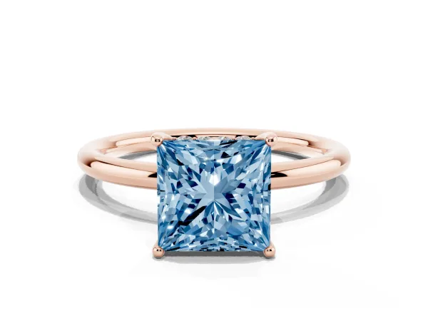 Fancy Blue Princess Cut Solitaire Diamond Ring with a Classic Band and Four-Prong Setting Rose gold