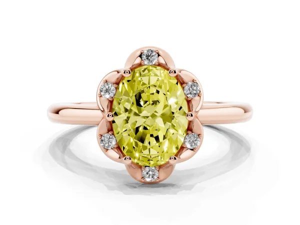 Fancy Yellow Oval Cut Halo Diamond Ring with Round Cluster Setting, Solitaire Band, and Four-Prong Setting Rose gold