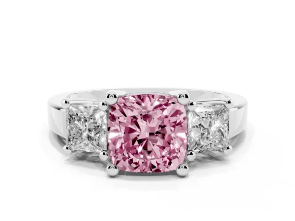 Fancy Pink Three-Stone Cushion Cut Cut Solitaire Ring with Prong Setting Platinum