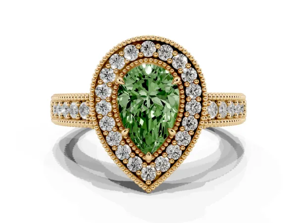 Fancy Green Pear Cut Cut Halo Diamond Ring with Pavé Band and Four-Prong Setting Yellow gold
