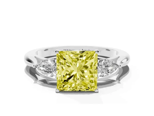 Fancy Yellow Princess Cut Diamond Three-Stone Ring with Pear Side Stones and Prong Setting Platinum