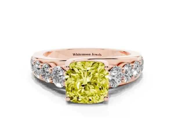 Fancy Yellow Cushion Cut Diamond Engagement Ring with Pavé Band and Four-Prong Setting Rose gold