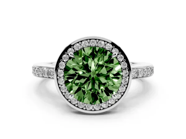 Fancy Green Round Cut Halo Pave Band Solitaire Ring with Prong Setting White gold