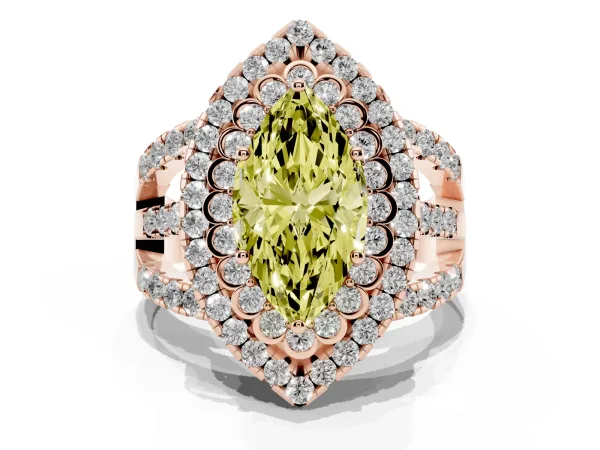 Fancy Yellow Marquise Cut Diamond Double Halo Ring with Round Pavé Split Shank and Prong Setting Rose gold