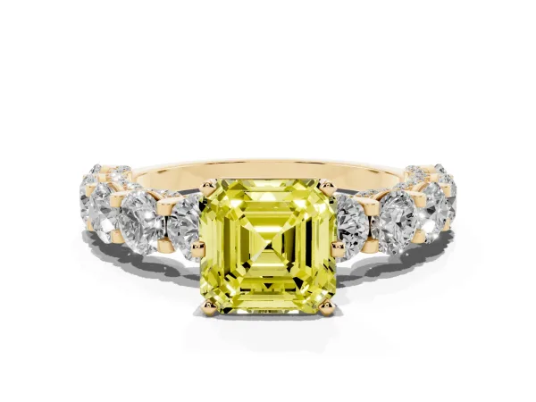 Fancy Yellow Asscher Cut Diamond Side Stone Engagement Ring with Four-Prong Setting Yellow gold