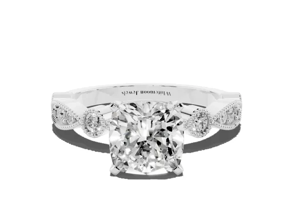 Cushion Cut Milgrain Bezel Diamond Engagement Ring with Solitaire Prong Setting White gold