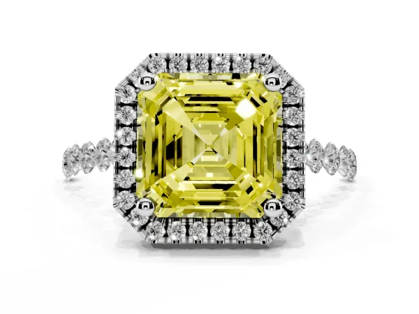 Fancy Yellow Asscher Cut Halo Pavé Diamond Engagement Ring with Four-Prong Setting Platinum