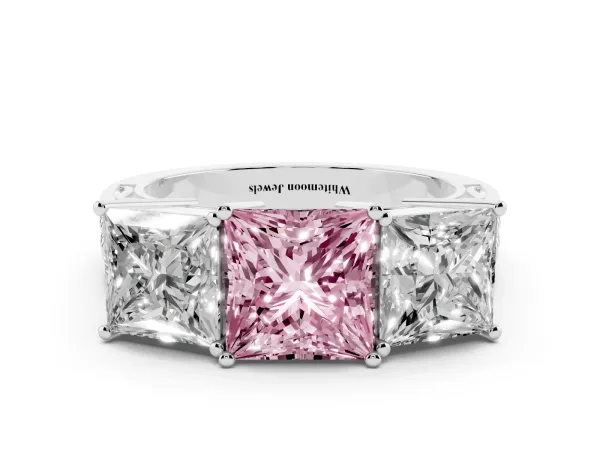 Fancy Pink Princess Cut Diamond Three-Stone Ring with Prong Setting and Textured Band White gold