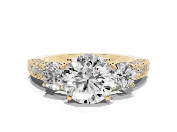 Round Cut Three-Stone Diamond Ring with Pavé Band and Four-Prong Setting Yellow gold