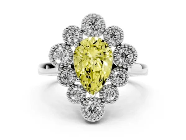 Fancy Yellow Pear Cut Halo Diamond Cluster Engagement Ring with Milgrain Bezel Setting and Solitaire Band Platinum