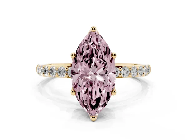 Fancy Pink Marquise Cut Diamond Solitaire Engagement Ring with Round Pavé Band and Prong Setting Yellow gold
