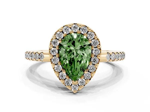 Fancy Green Pear Cut Diamond Pavé Halo Ring with Four-Prong Setting Yellow gold