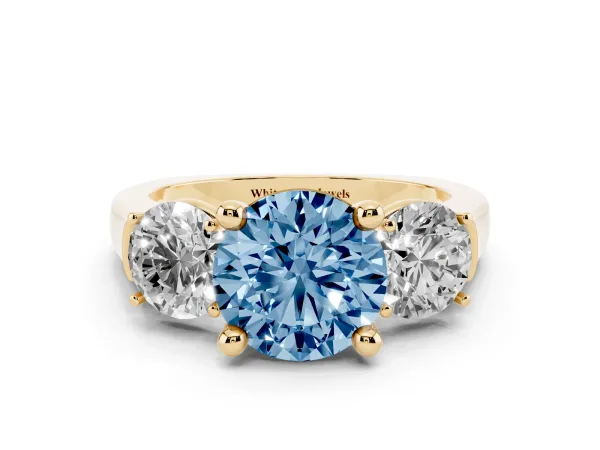 Fancy Blue Three-Stone Round Cut Brilliant Diamond Trellis Ring with Comfort Fit Band Yellow gold