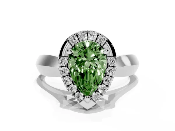 Fancy Green Pear Cut Cut Halo Solitaire Engagement Ring with Square Band and Four-Prong Setting Platinum