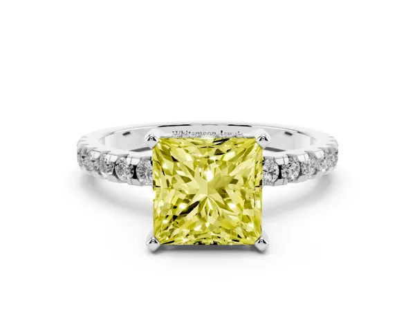 Fancy Yellow Princess Cut Diamond Solitaire Ring with Round Pavé Band and Four-Prong Setting Platinum