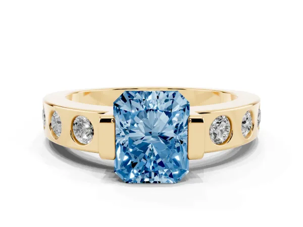 Fancy Blue Radiant Cut Brilliant Channel-Set Diamond Ring with Bezel Prong Setting Yellow gold