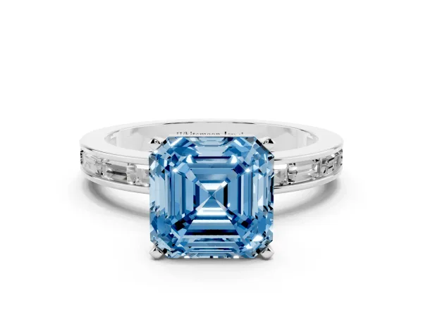 Fancy Blue Asscher Cut Solitaire Diamond Ring with Channel-Set Baguette Band and Four-Prong Setting Platinum