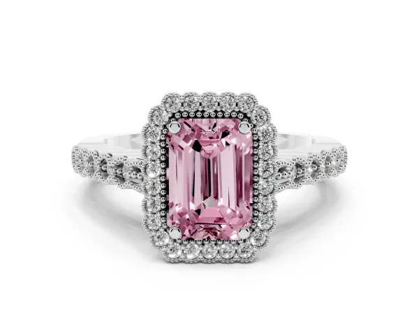 Fancy Pink Emerald Cut Cut Halo Pavé Solitaire Ring with Milgrain Band White gold