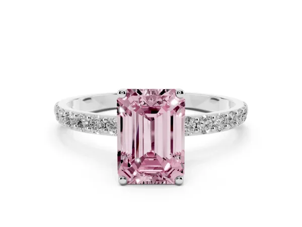 Fancy Pink Emerald Cut Diamond Solitaire Engagement Ring with Round Pavé Band and Prong Setting White gold