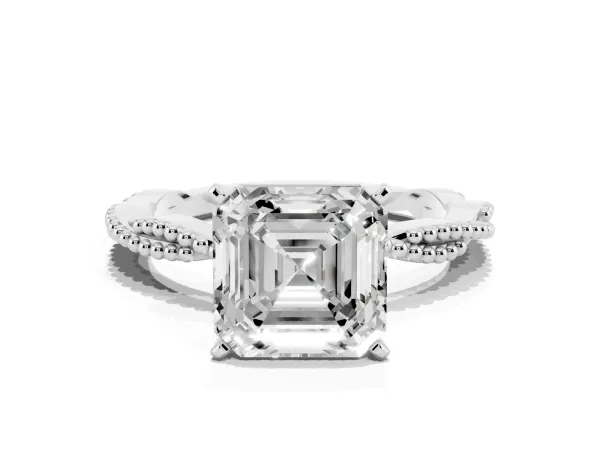 Asscher Cut Solitaire Twisted Band with Bead Prong Setting White gold