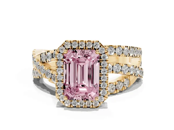 Fancy Pink Emerald Cut Diamond Halo Ring with Round Split Shank and Prong Setting Yellow gold