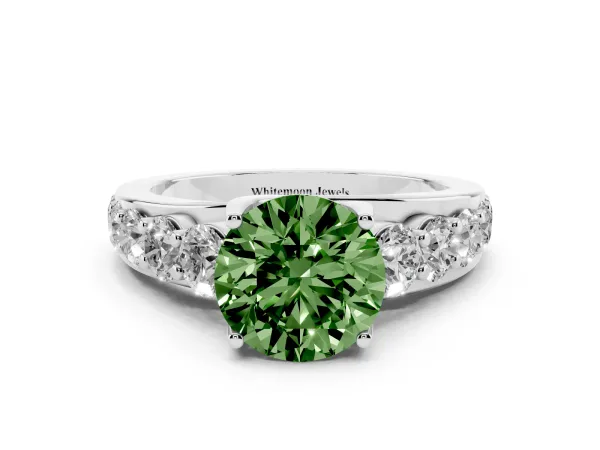 Fancy Green Round Cut Diamond Engagement Ring with Pavé Band and Four-Prong Setting White gold