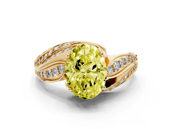 Fancy Yellow Oval Cut Diamond Solitaire Ring with Prong Setting and Twisted Pavé Band Yellow gold