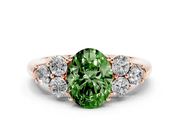 Fancy Green Oval Cut Cut Diamond Cluster Ring with Round Accent Stones and Prong Setting on a Classic Band Rose gold