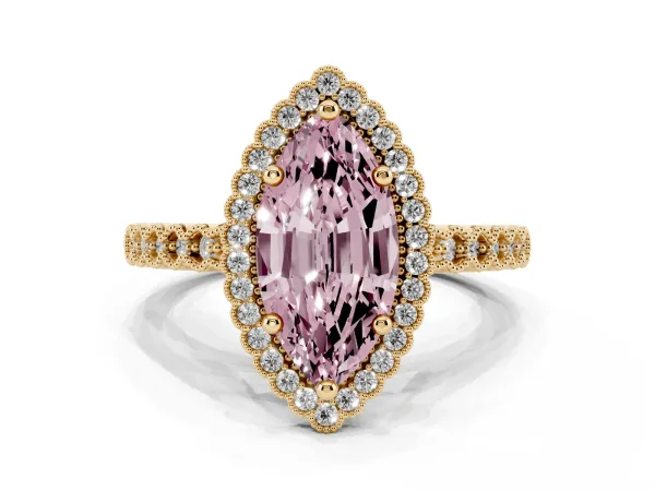 Fancy Pink Marquise Cut Cut Halo Pavé Solitaire Ring with Milgrain Band Yellow gold