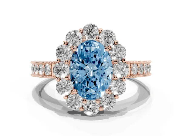 Fancy Blue Oval Cut Cut Halo Diamond Pavé Engagement Ring with Milgrain Detailing Rose gold