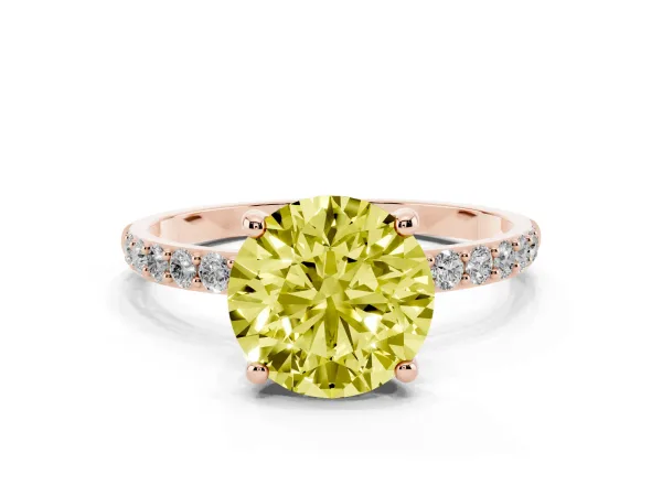 Fancy Yellow Round Cut Diamond Solitaire Ring with Round Pavé Band and Prong Setting Rose gold