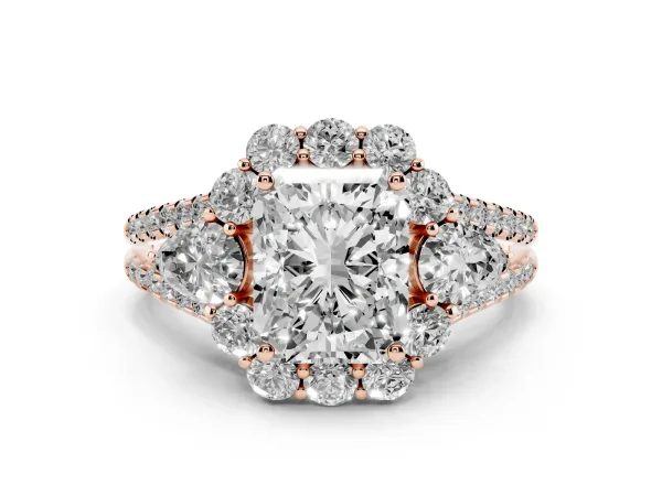 Radiant Cut Halo Split Shank Diamond Engagement Ring with Prong Setting Rose gold