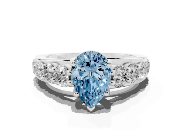 Fancy Blue Pear Cut Diamond Engagement Ring with Pavé Band and Four-Prong Setting Platinum